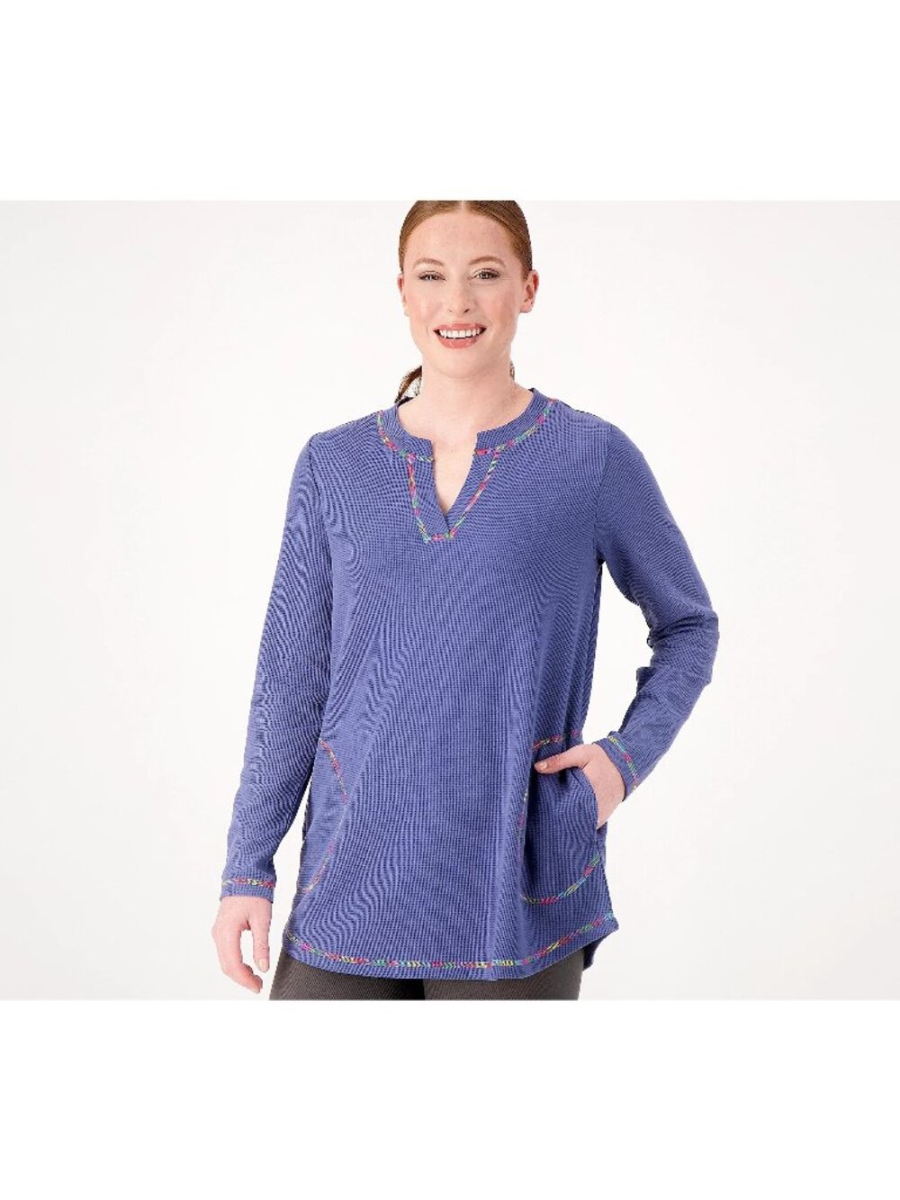 LOGO by Lori Goldstein Top Small Split Neck Waffle Knit Long Sleeve Cozy Lounge